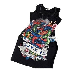 Vintage Sizer Dragon Graffiti‎ Bodycon Dress Mini Tattoo Floral Colorful WMNS M